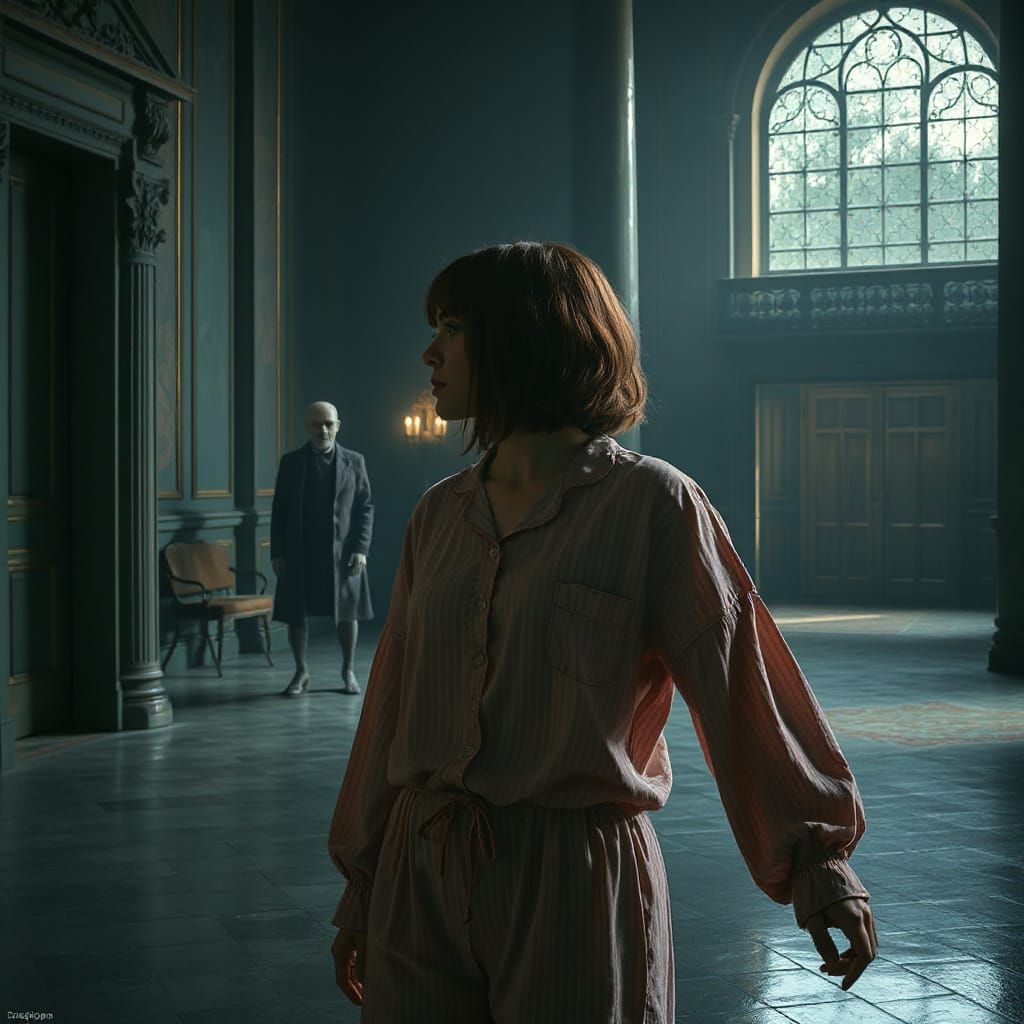 Woman Greets Ghosts in Dimly Lit Mansion