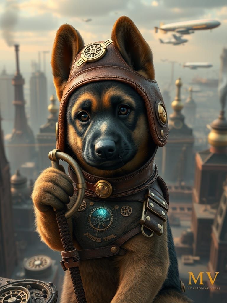 Steampunk Puppy Superhero in Industrial Cityscape