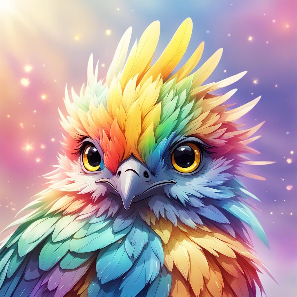 Vibrant Anime Bird Portrait in Moe Style with Rainbow Feathe...