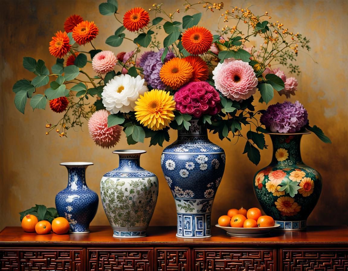 Floral Still Life in Reticulated Vase, Detailed Art