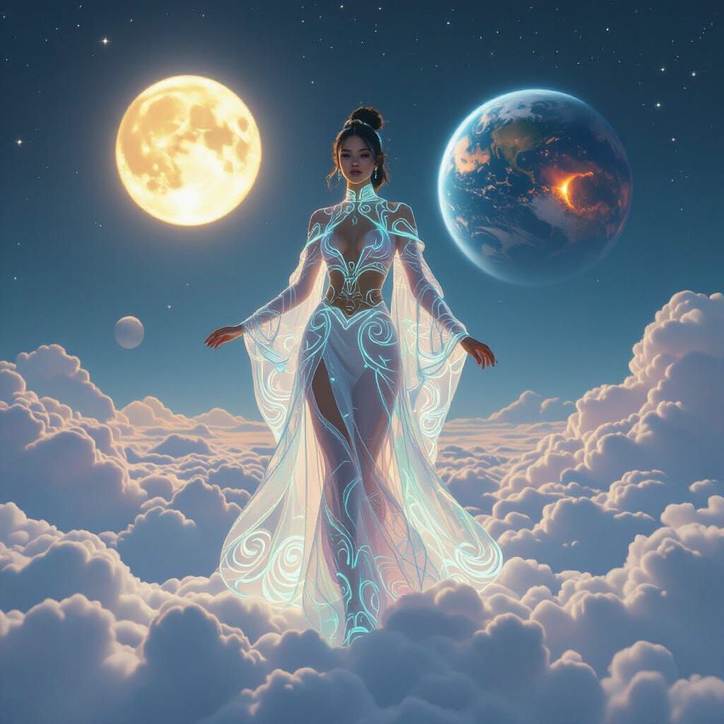 Ethereal Woman on Celestial Platform in Futuristic Style