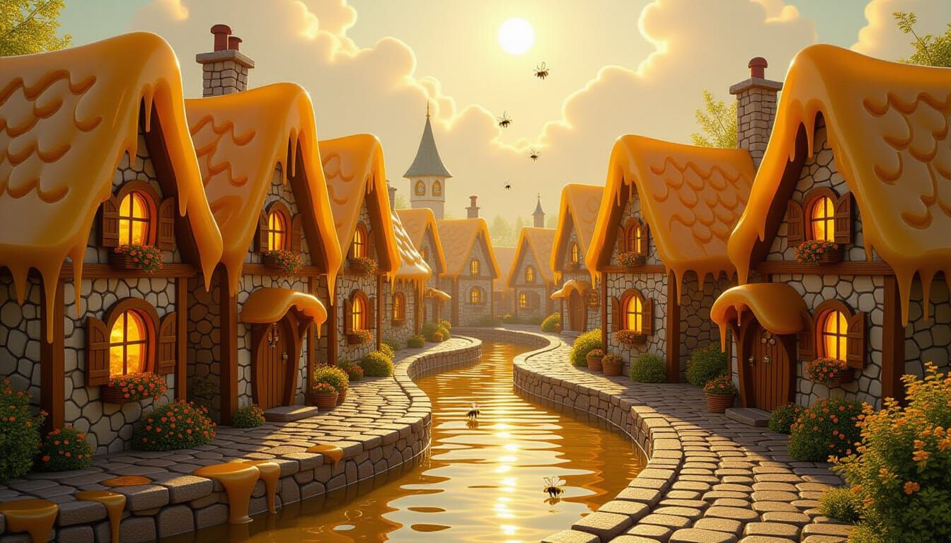 Whimsical Honey Village Storybook Illustration