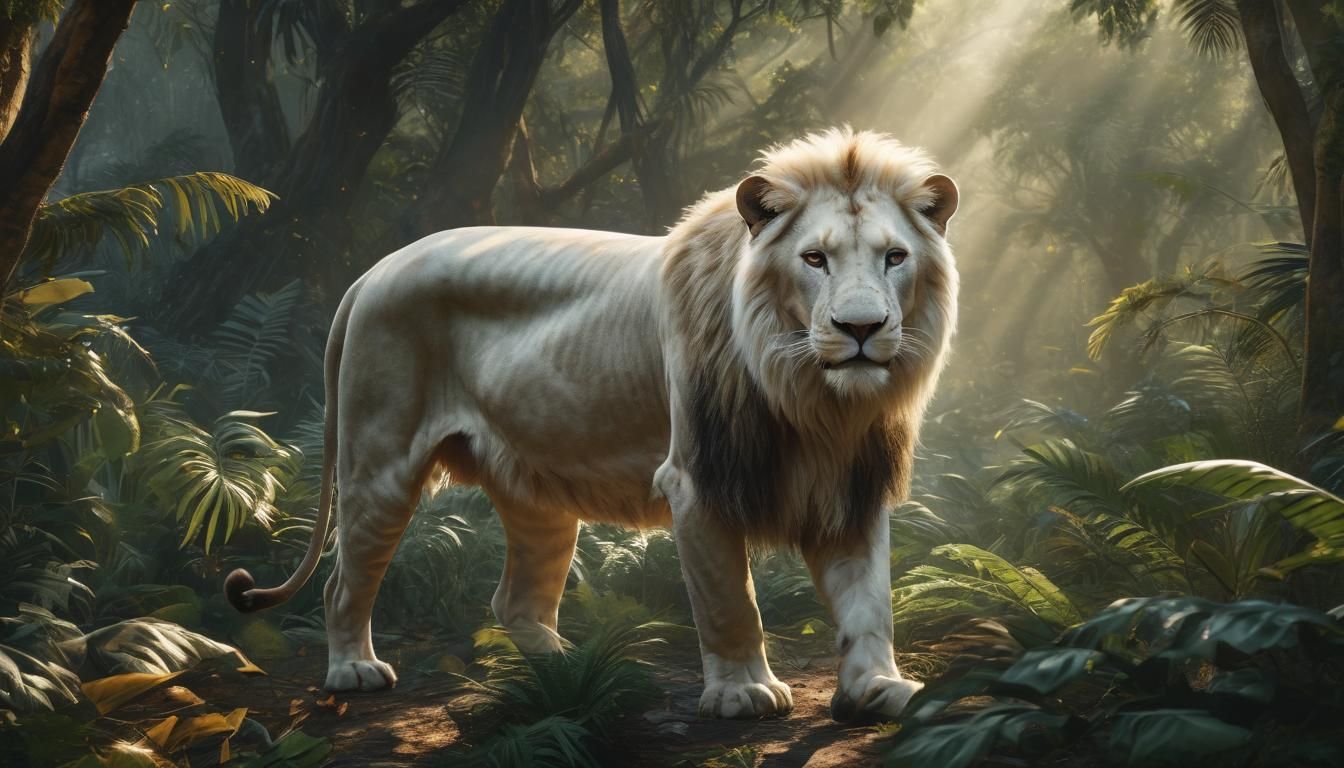 White Lion Walking Through Jungle in Sunlight
