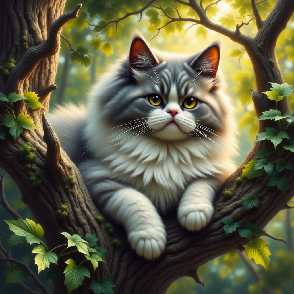 Whimsical Cat in a Tree, in a Muted Color Palette