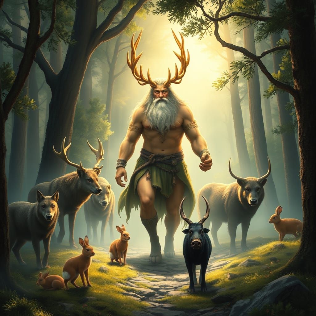 The magnificent Celtic god Cernunnos, surrounded by wolves, ...