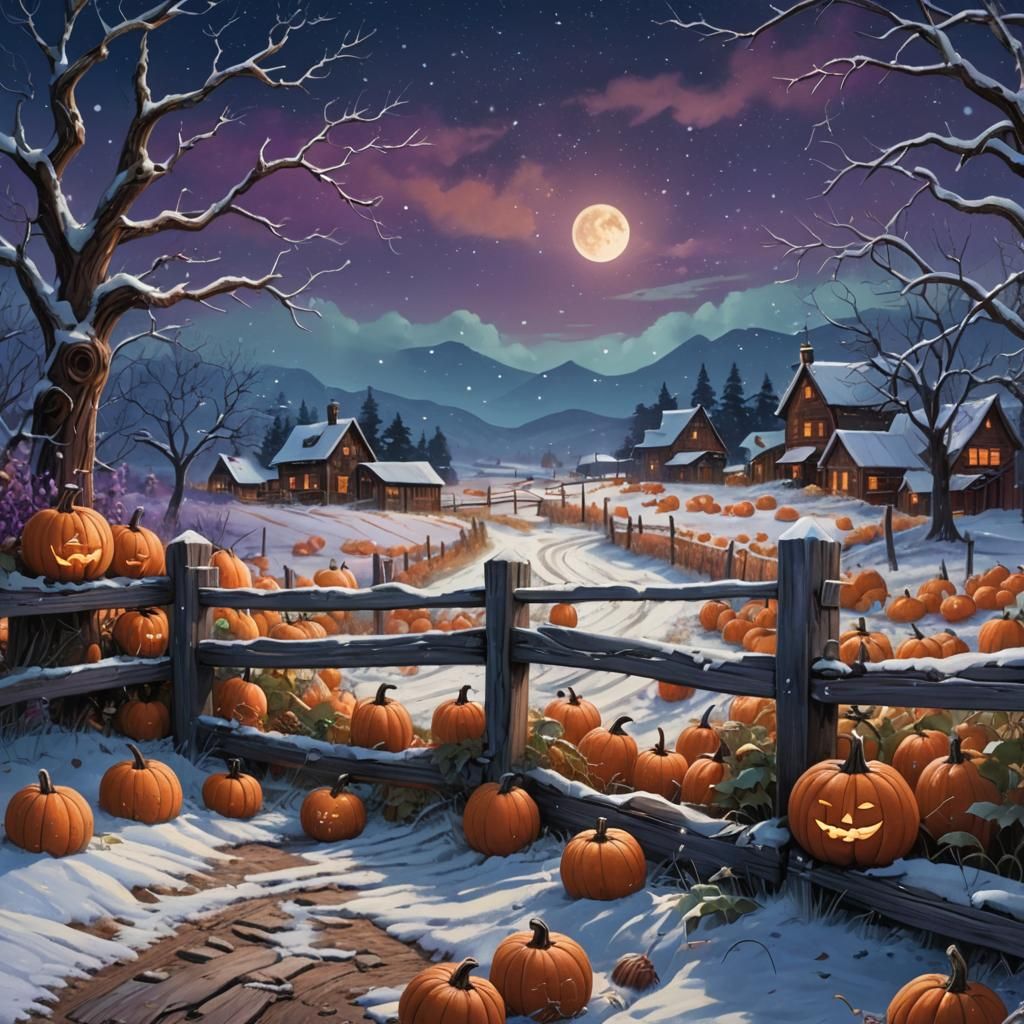 Snowy Pumpkins on a Rustic Fence: Autumnal Fantasy