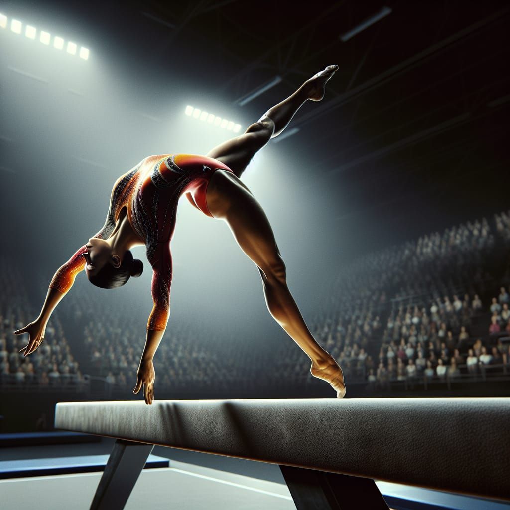 Hispanic Gymnast on Balance Beam in Hyperrealistic Style
