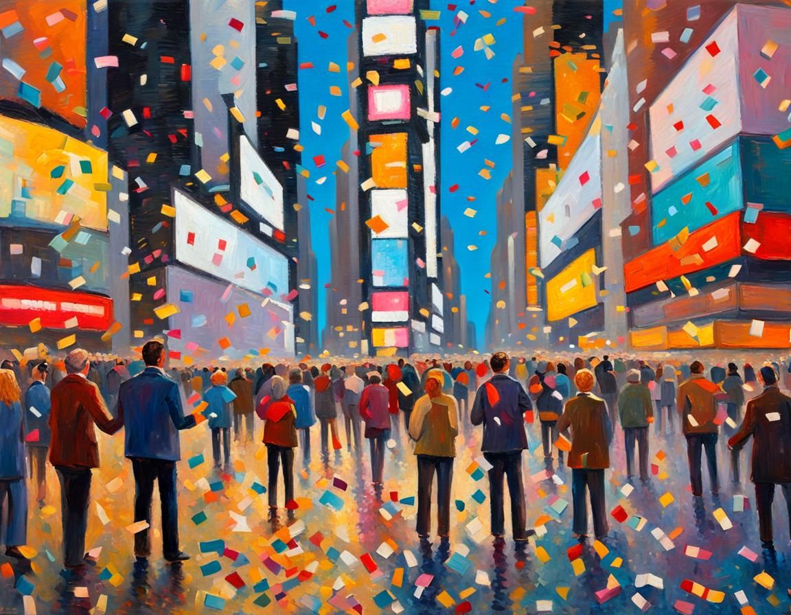 Times Square New Year Celebration in Impasto Style