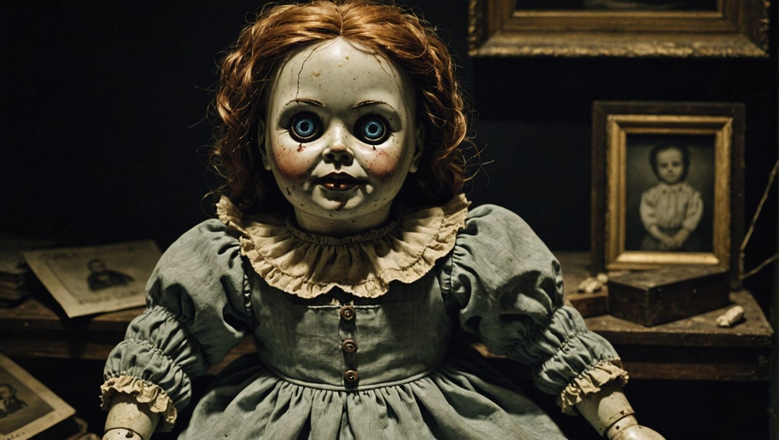 Sinister Porcelain Doll in Dark Memorabilia Room