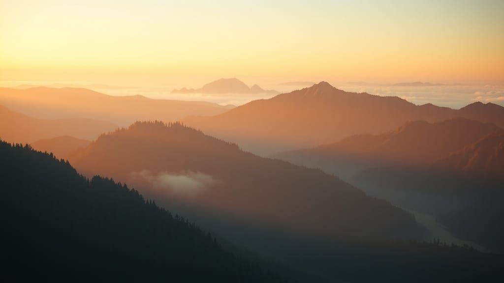 Misty Mountains in Warm Light: Photorealistic Landscape