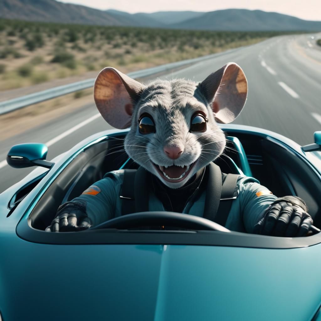 Mouse Driver Races Supercar: Cinematic Film Still