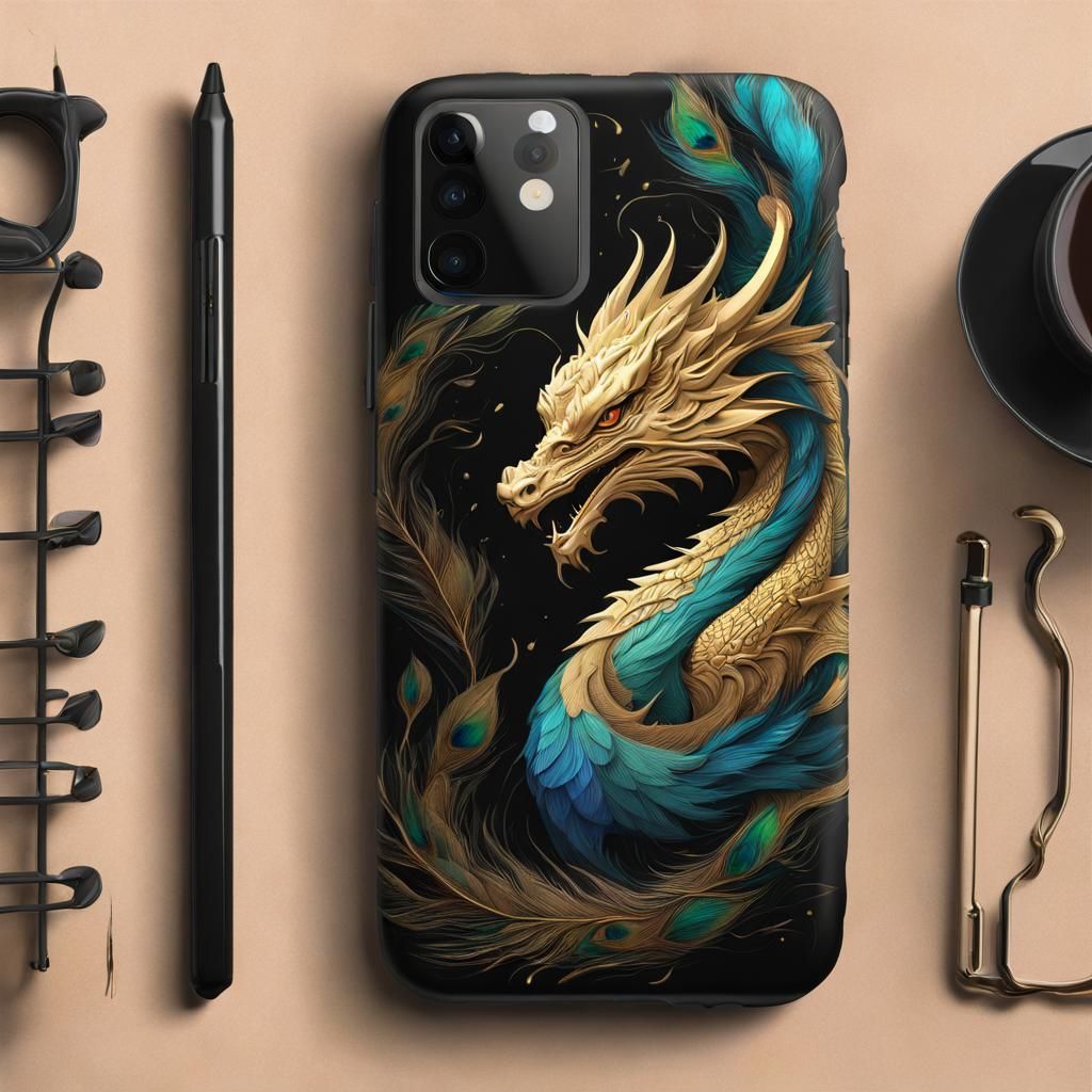 Golden Dragon Phone Case with Peacock Feathers