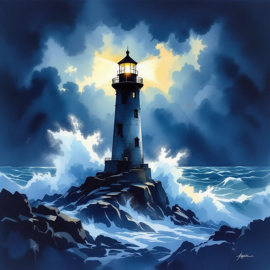 Lighthouse Against Stormy Sea in Alcohol Ink Style