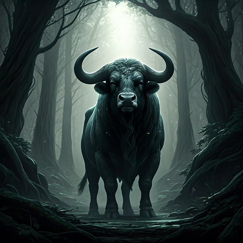 Majestic Aurochs in Ethereal Forest Glade
