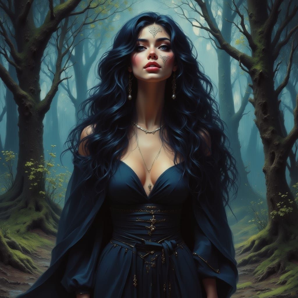 Mystical Sorceress in Misty Forest, Expressive Strokes