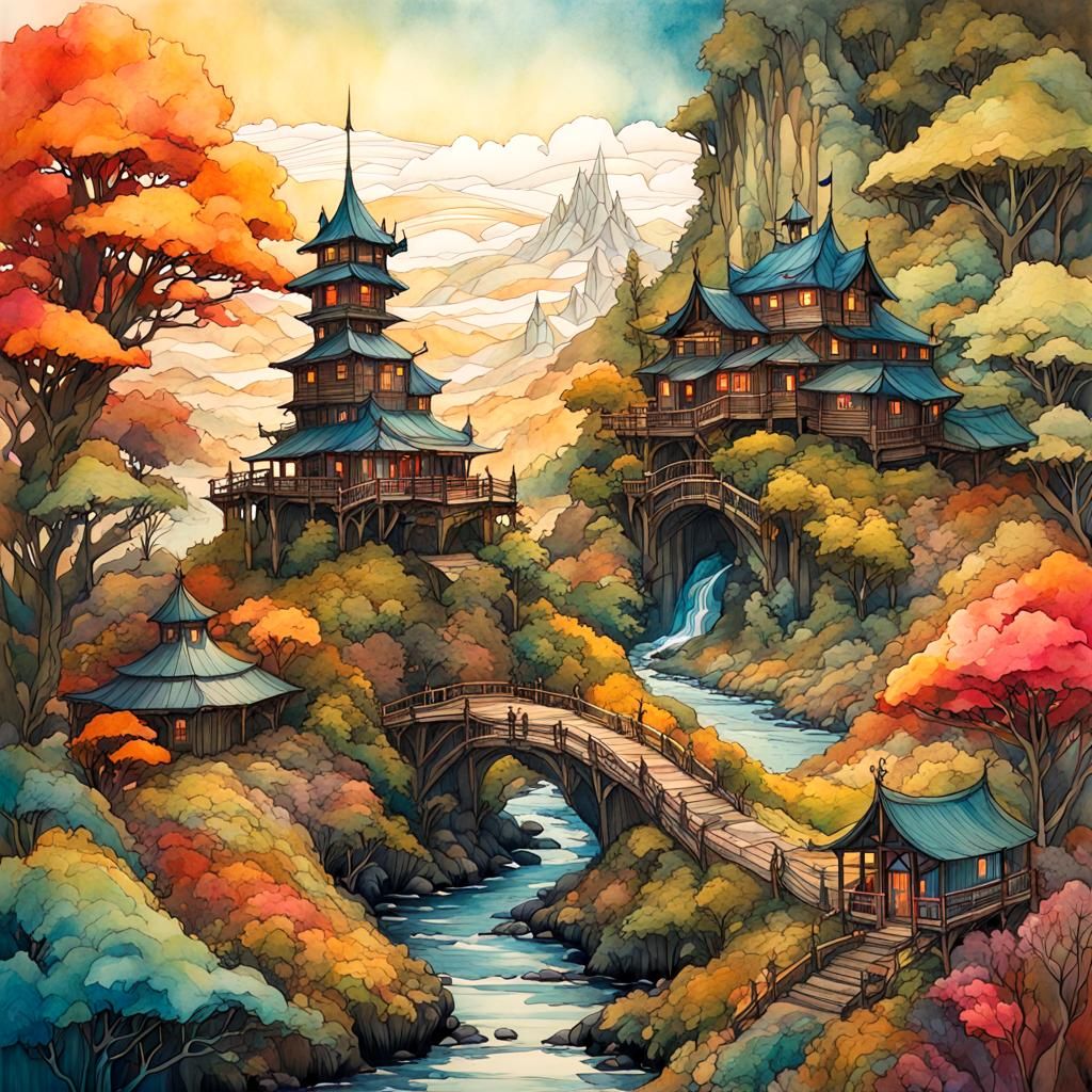Colorful Fantasy Landscape Ink Sketch