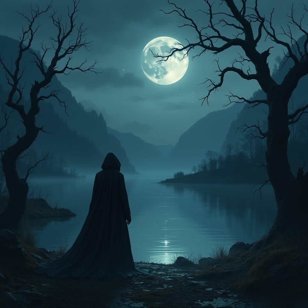 Mysterious Figure at Moonlit Lake's Edge