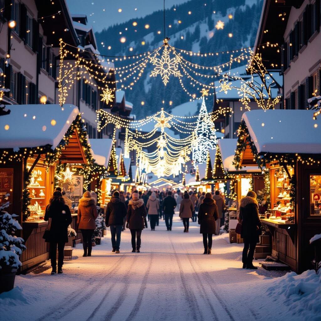 Snowy Swiss Christmas Market With Dazzling Lights