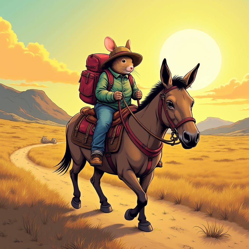 Mole Riding Mule in Sun-Drenched Landscape Comic Art