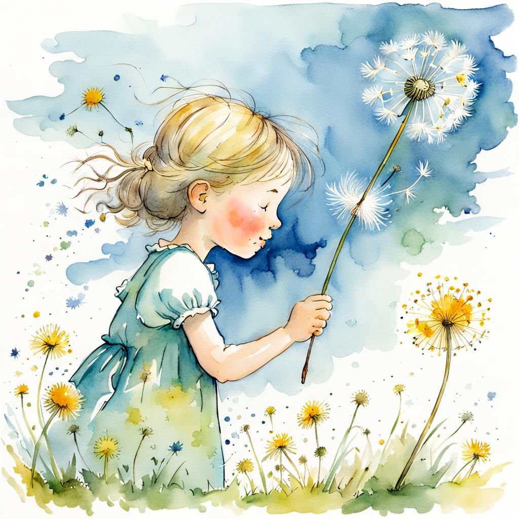 Girl with Dandelion Seeds: Watercolor Illustration