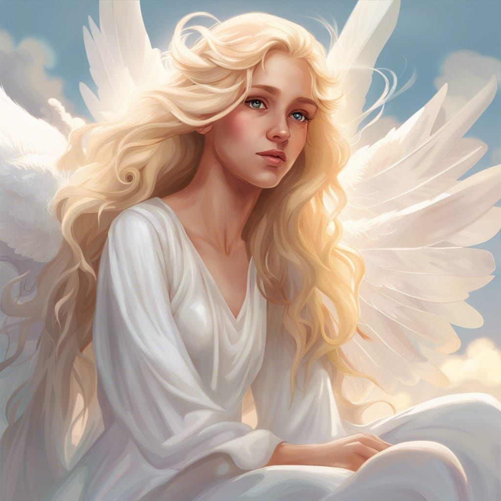 Angelic Blonde Girl Portrait with Wings, Detailed Digital Ar...