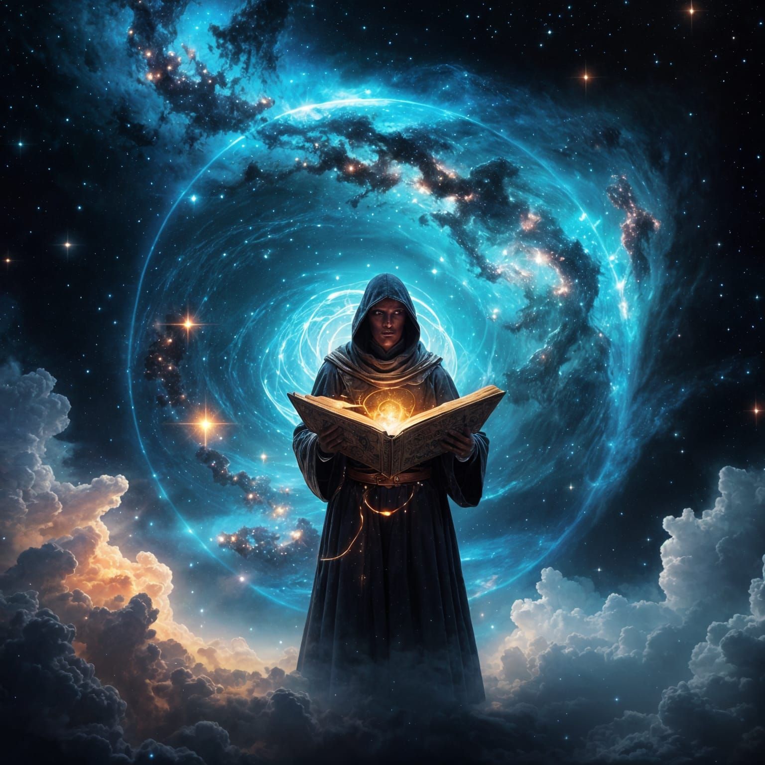 Celestial Being with Ancient Scroll in Nebula