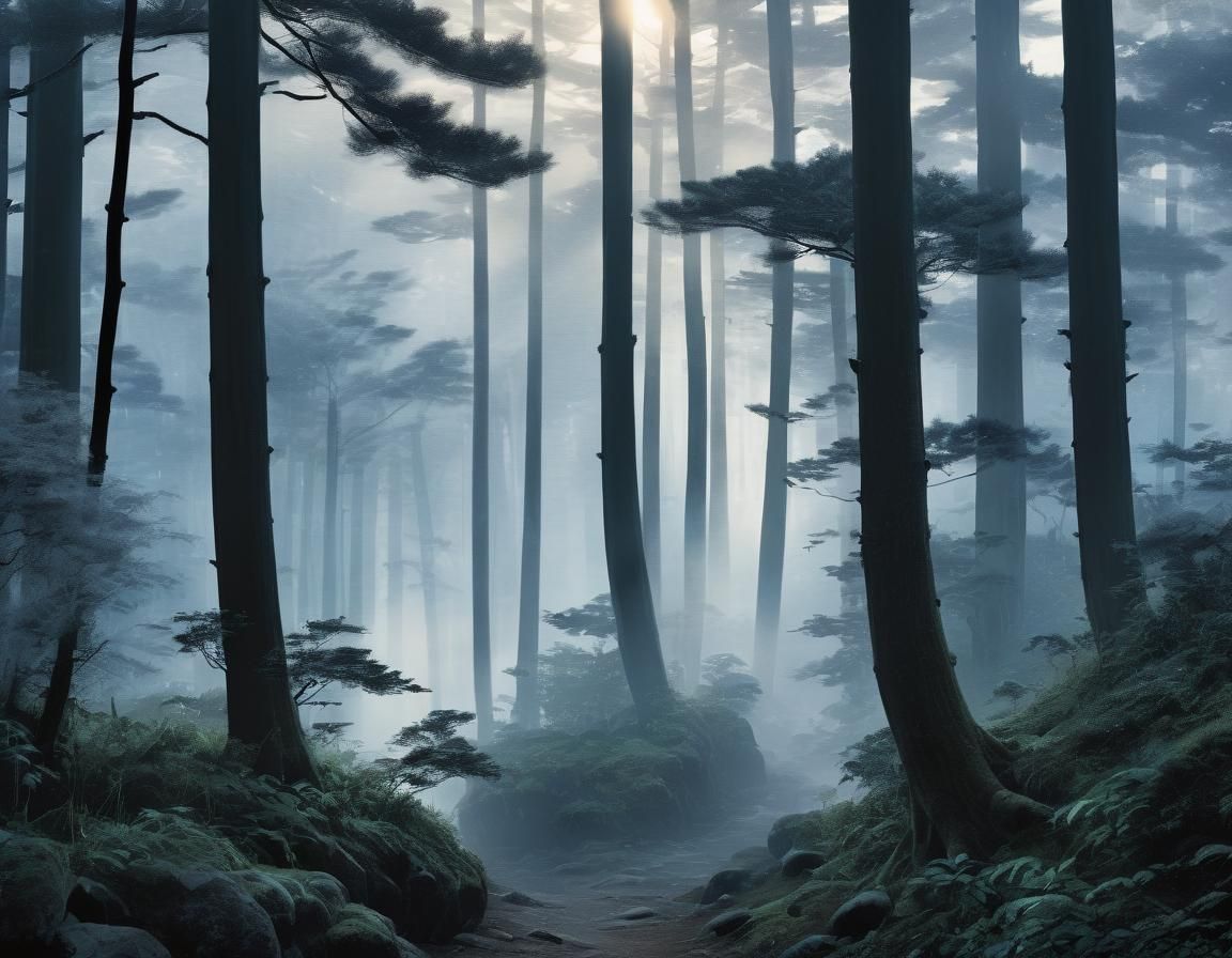 Ethereal Dawn Light in Misty Forest: Ink Wash Painting