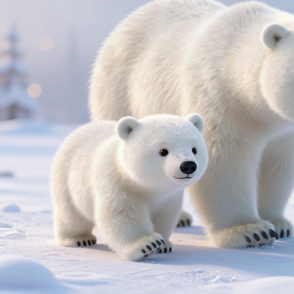 Cute Baby Polar Bear With Mother in Snowy Landscape