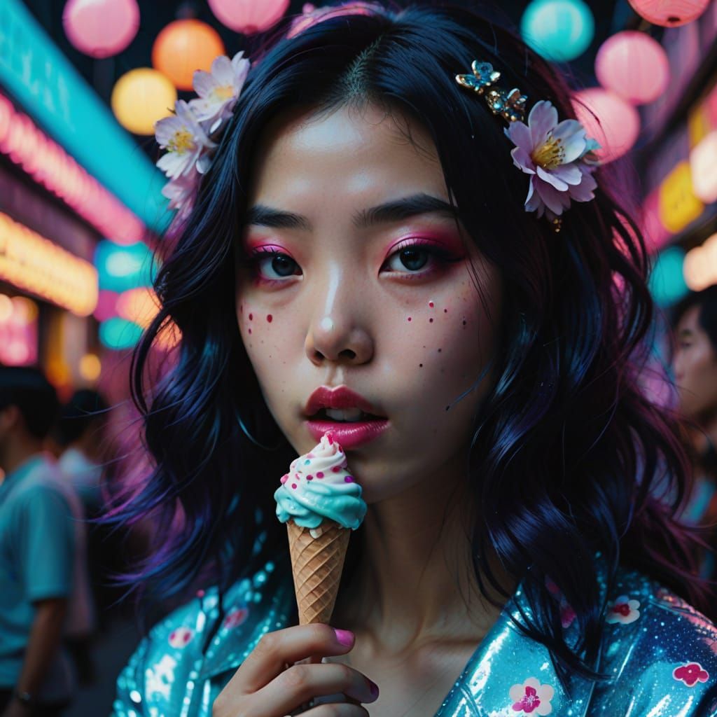 Girl in Neon Paradise, Eating Ice Cream with Sakura Blossom