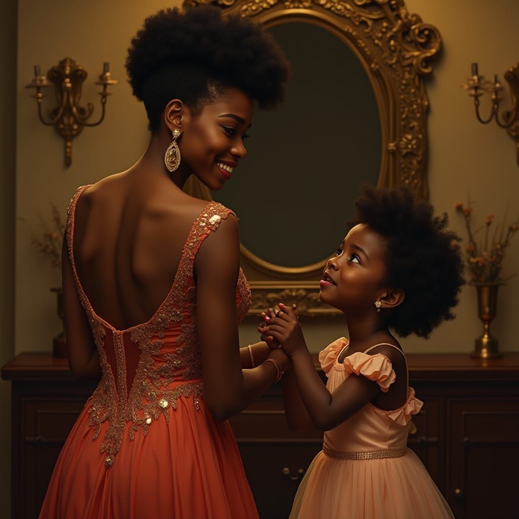 Confident Black Mother Comforts Crying Child in Golden Hues