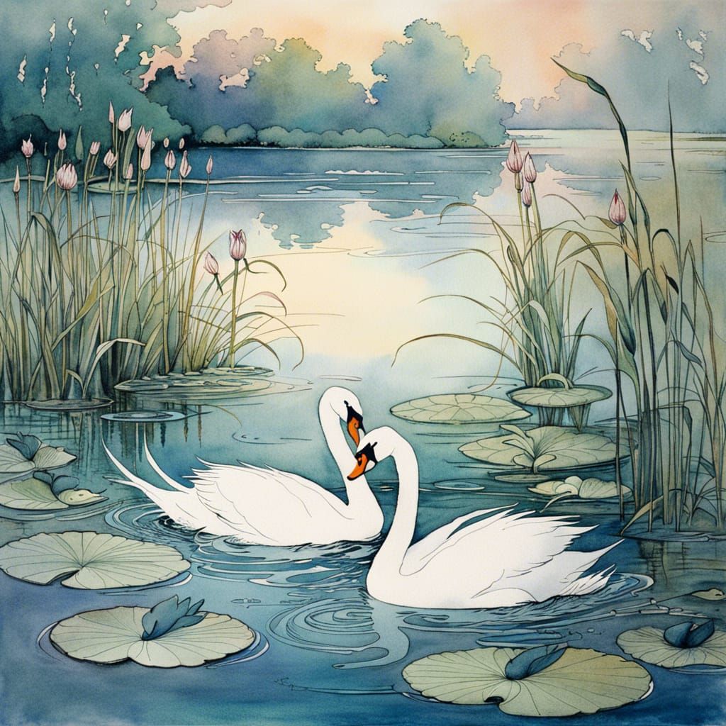 Fairytale Swans at Dawn in Arthur Rackham Style