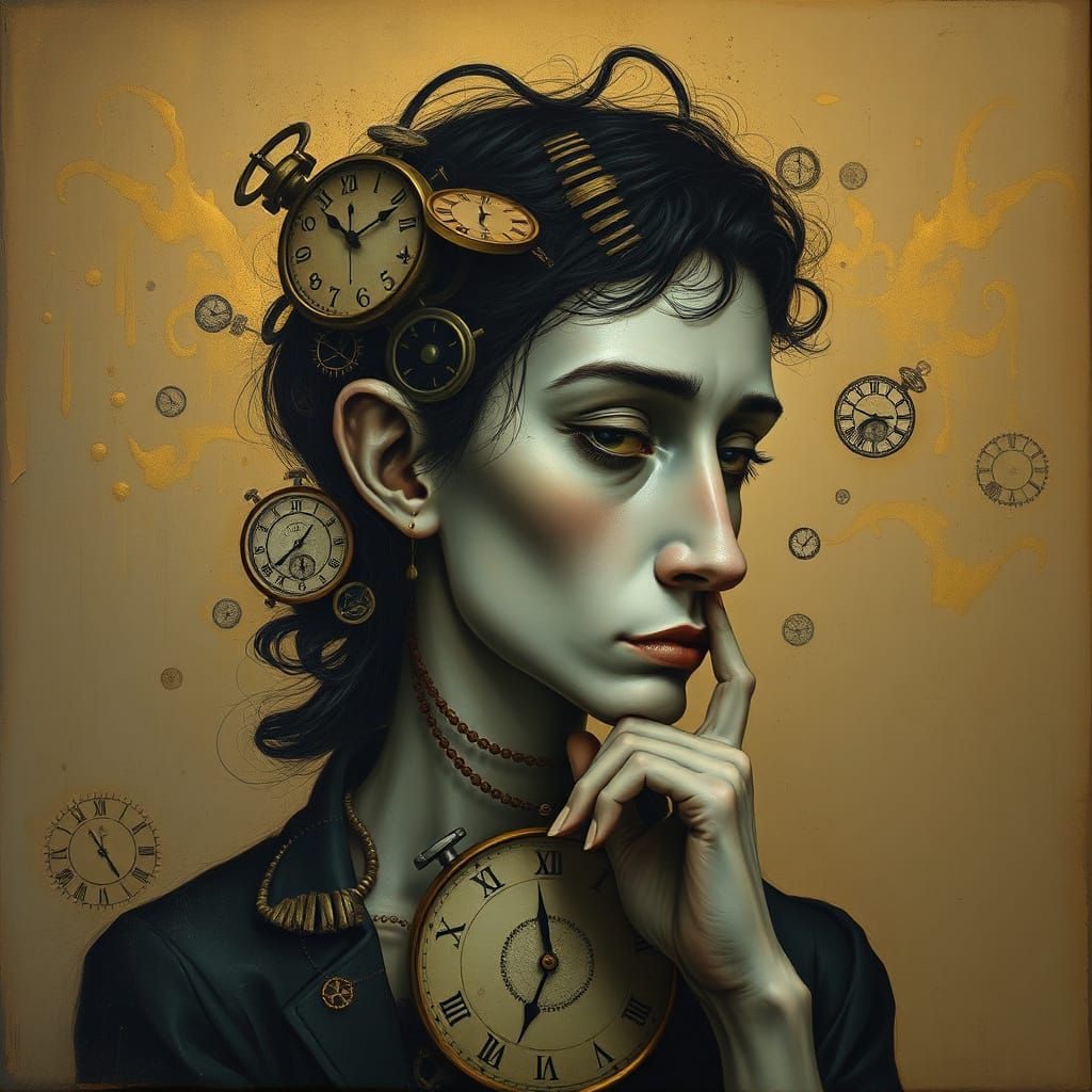 Surrealist Figure in a Distorted Clockwork Landscape