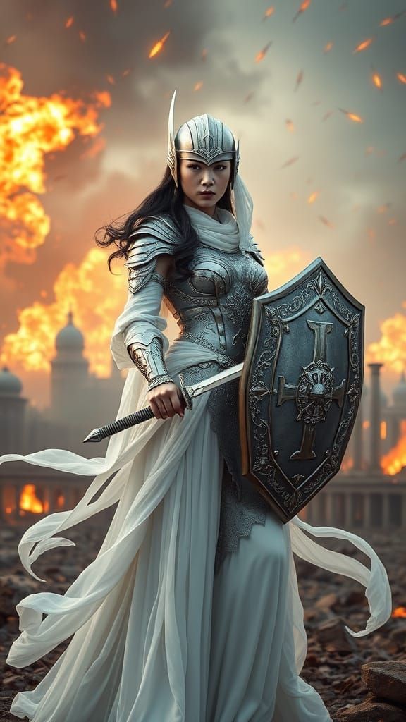 Epic Asian Warrior Woman in Battlefield Ruins