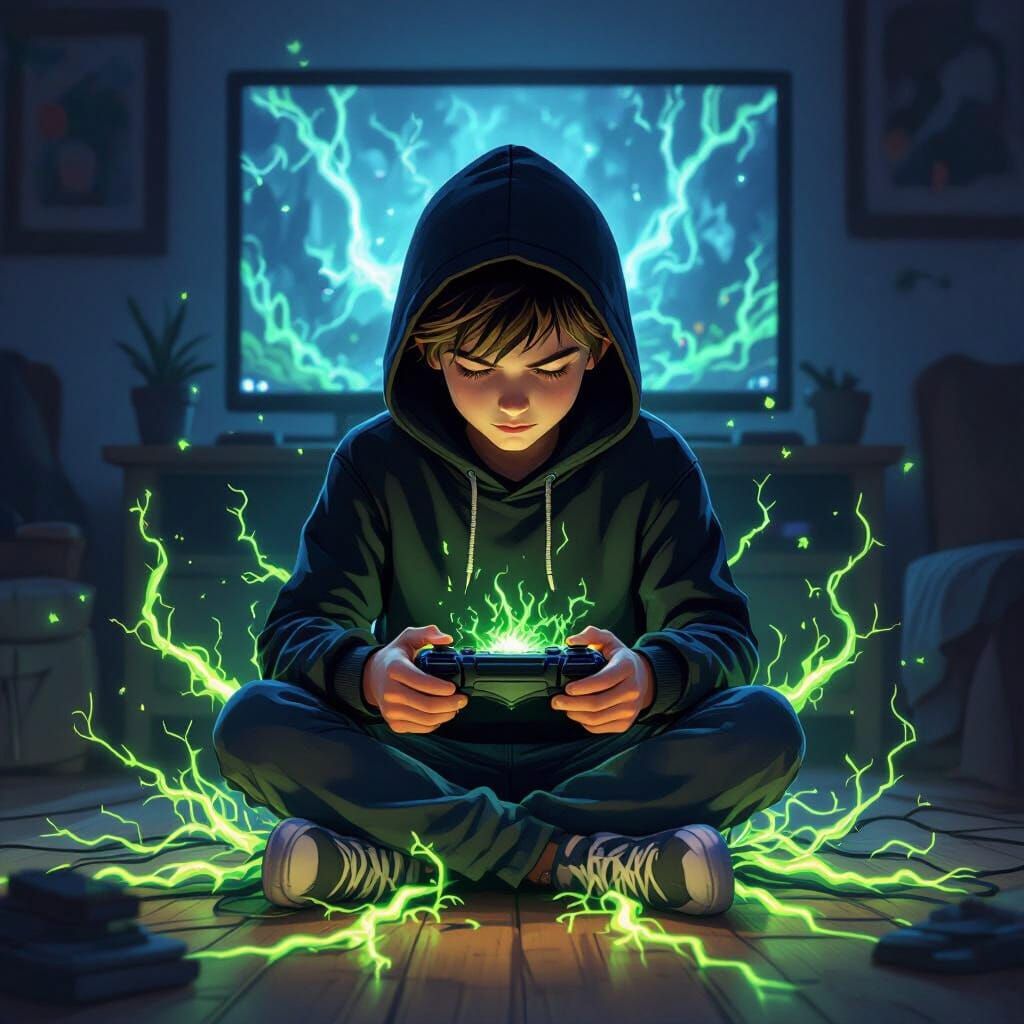 Boy with Earth Powers Focuses on Video Game