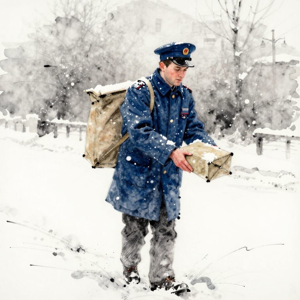 Postman Delivering Mail in Gentle Snowfall