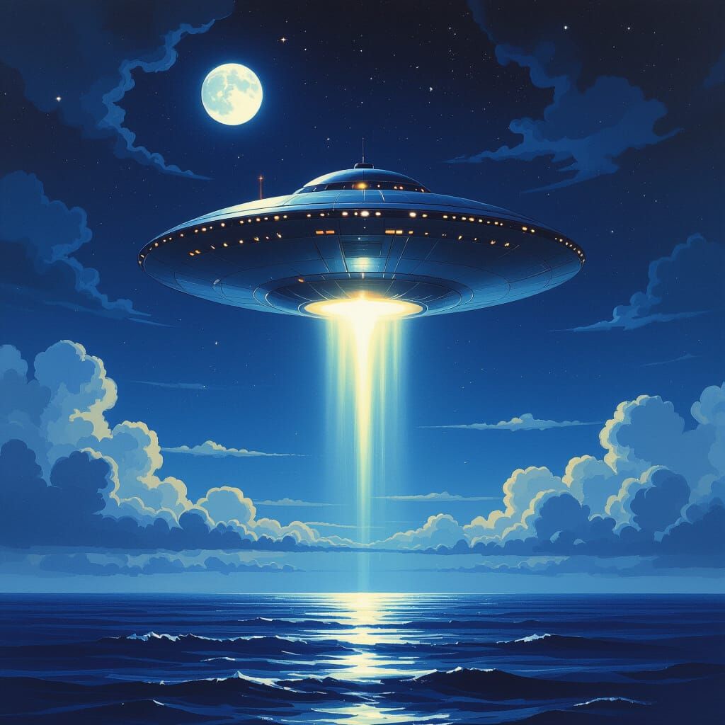Saucer Spacecraft Descending into Ocean as Digital Painting