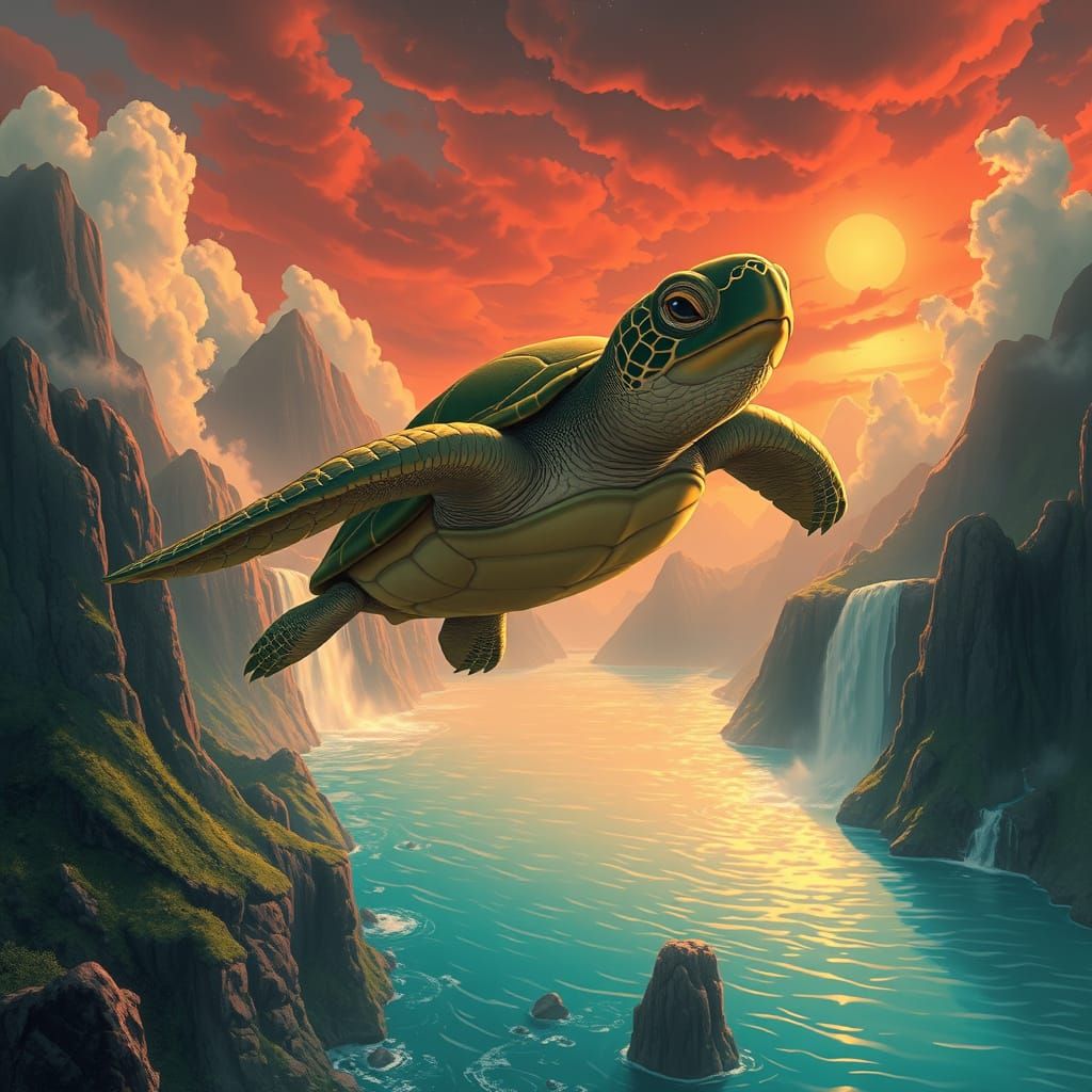 Flying Turtle Soaring Above Turquoise Sea