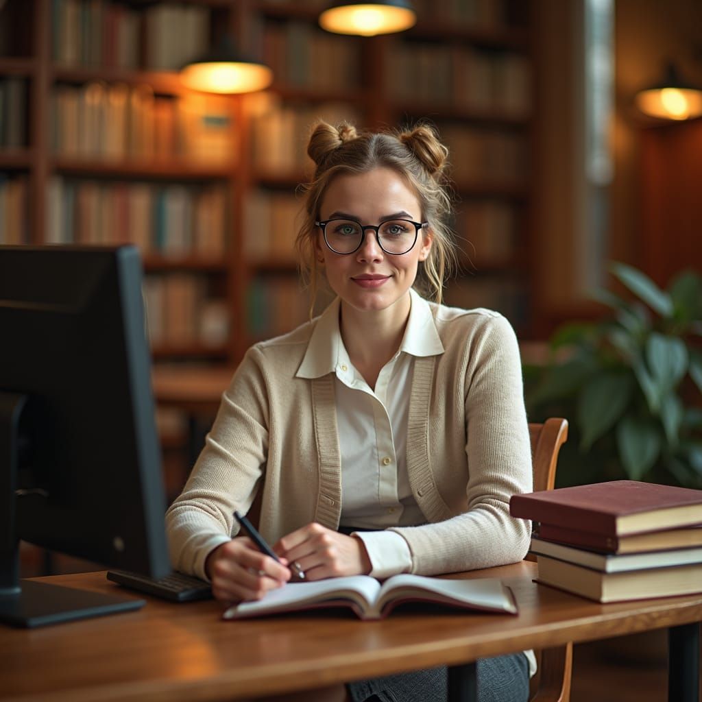Elegant Librarian with a Mischievous Gaze