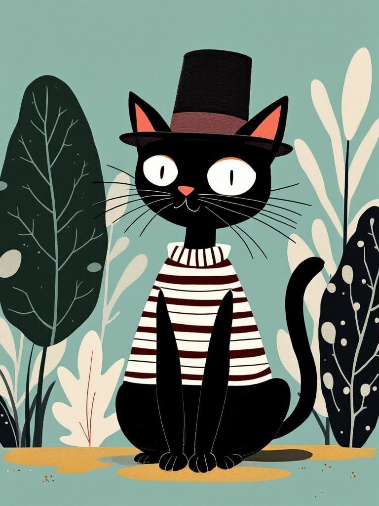 Stylized Black Cat Portrait in Vintage Print Style