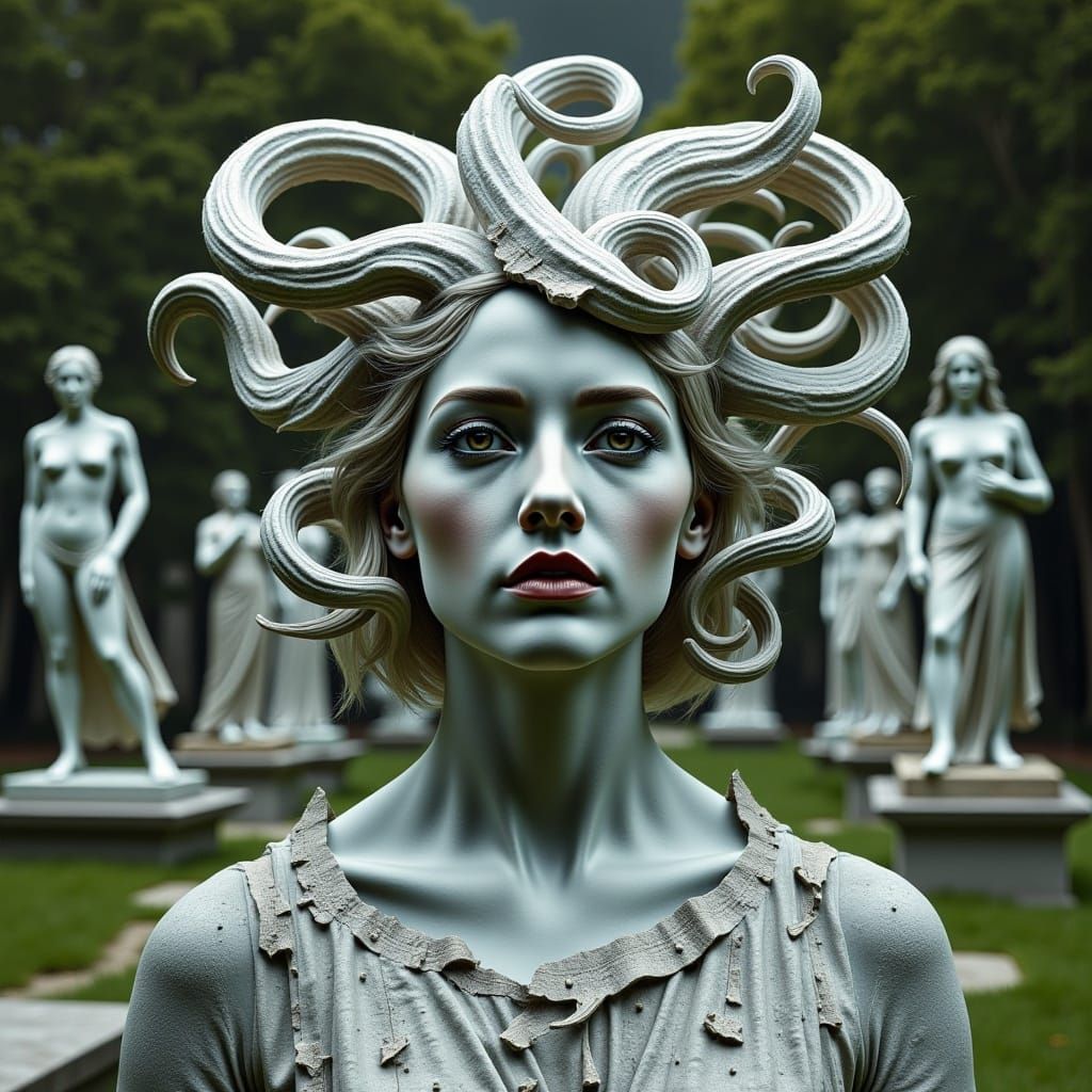 Medusa Portrait as Granite Collage in Ancient Garden