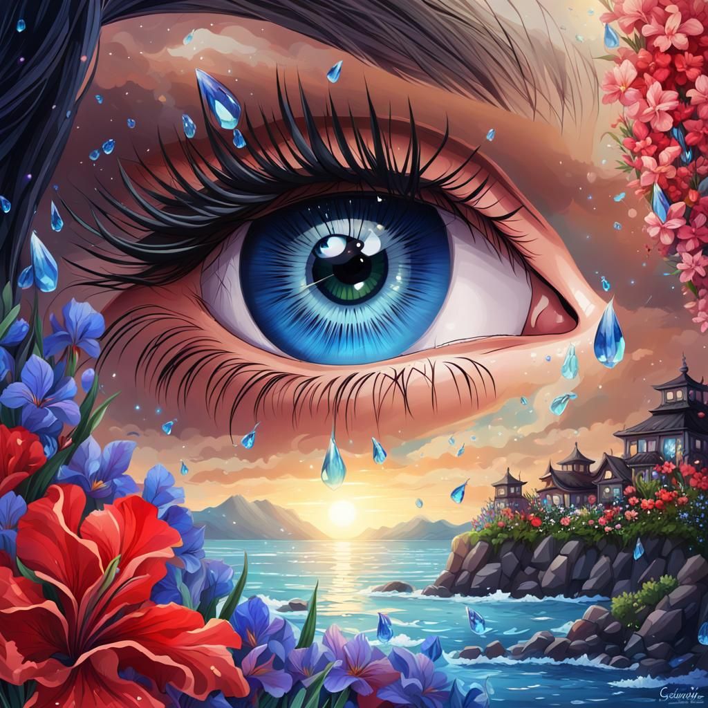 Giant Eye Reflecting Sunset and Constellations