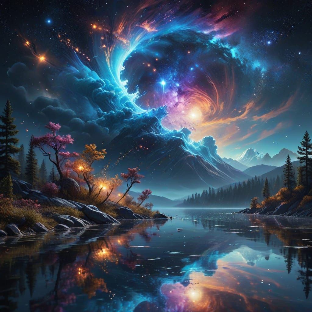 Ethereal Lake Reflecting Cosmic Nebula Sky