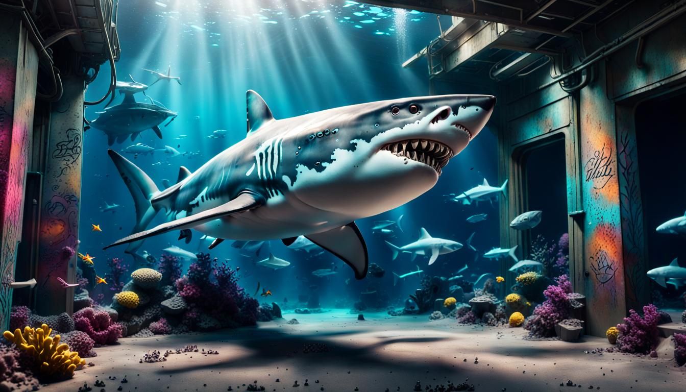 Underwater Landscape with Robotic Shark in Photorealistic St...