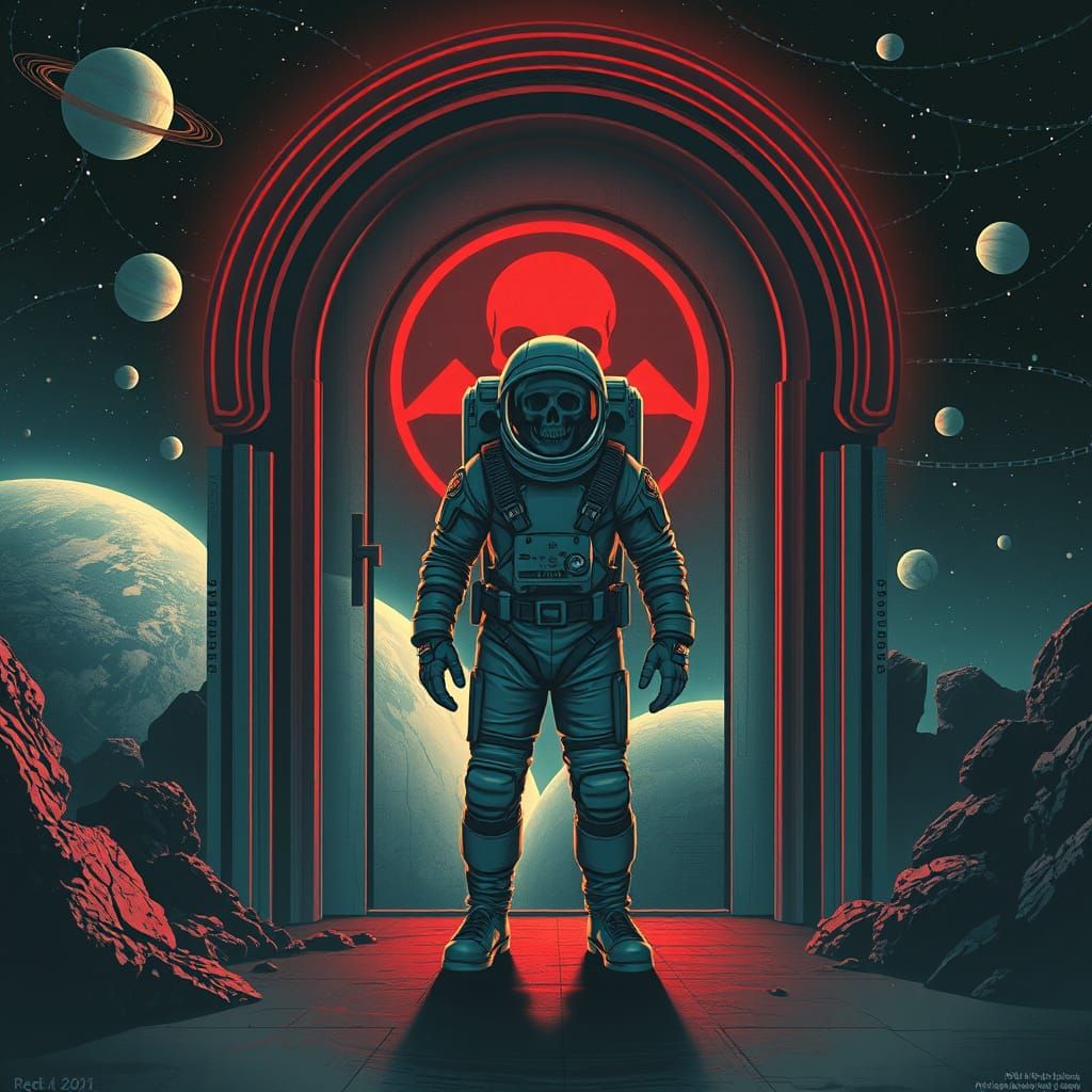 Astronaut and Skull Door in Space, Futuristic Art