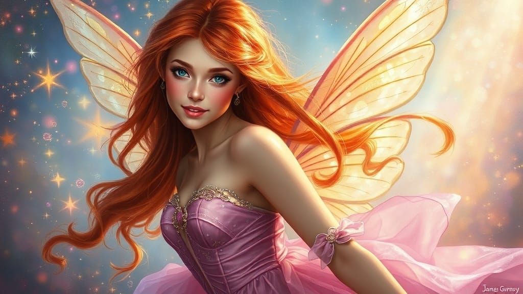 Red-Haired Fairy in Shimmering Gown, Fantasy Oil Painting