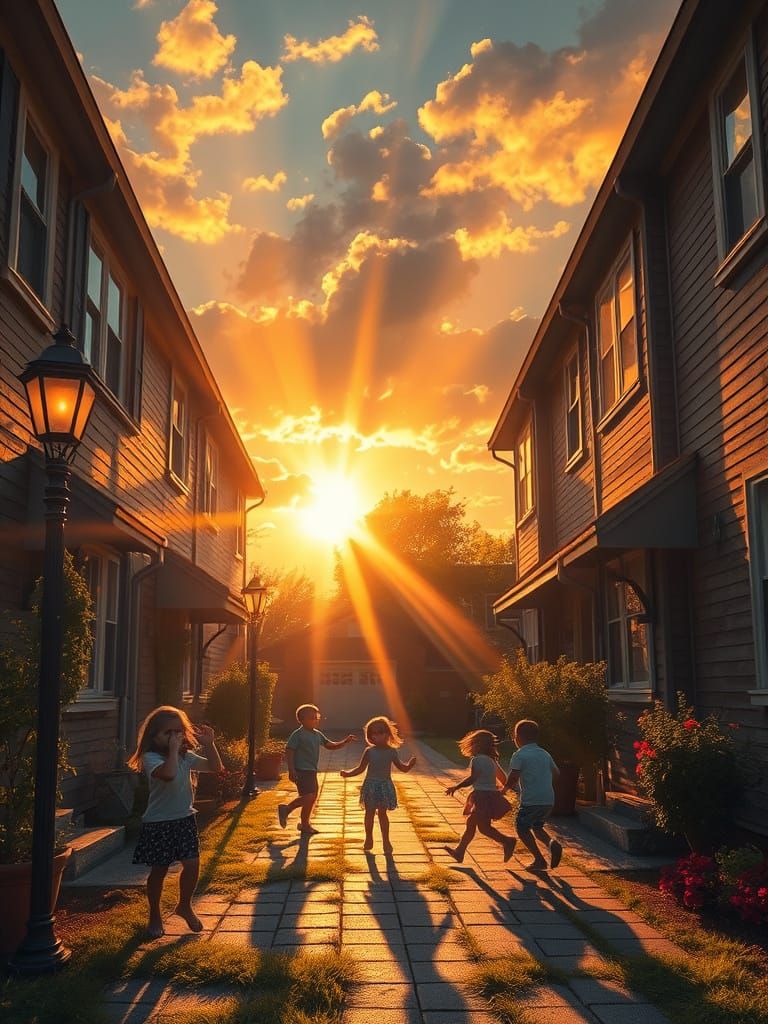 A courtyard in a residential area at sunset, children playing by the light of street lamps.