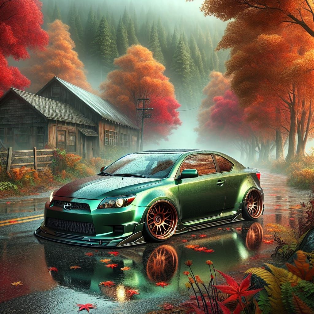 Surreal Scion tc on a Country Road in Fall, in a Fantasy Con...