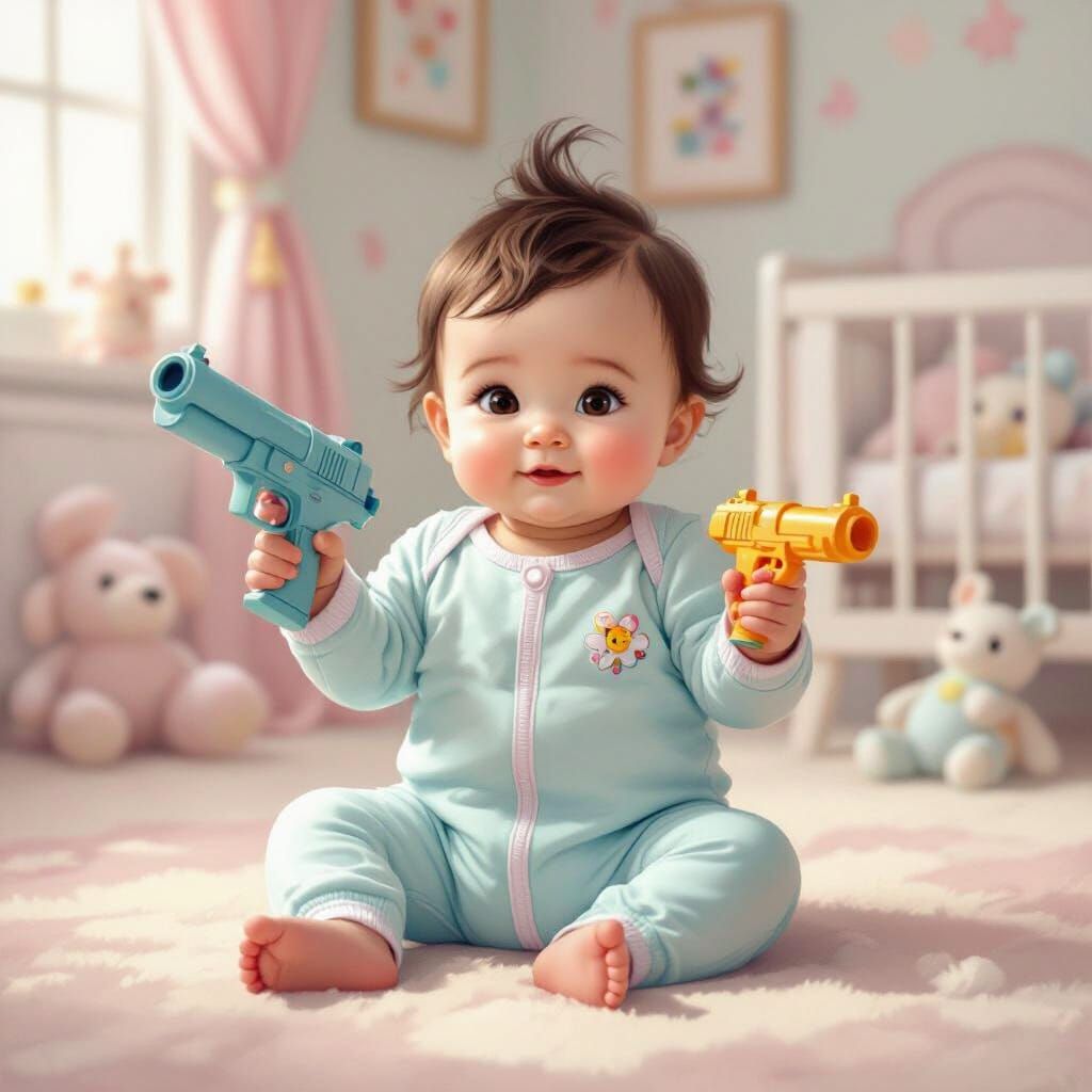 Baby with Toy Gun in Whimsical Nursery Art