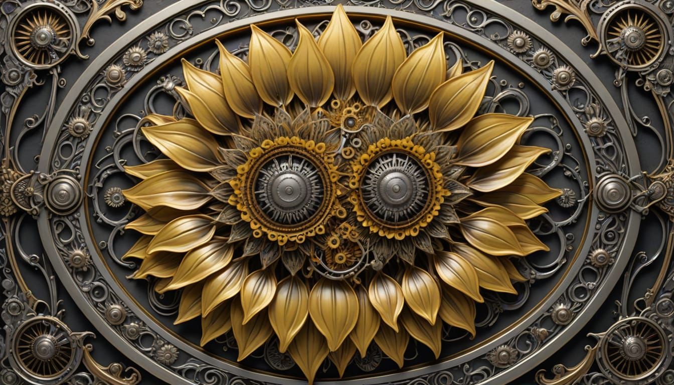 Metallic Sunflowers in Ornate Mandala Frame, Steampunk Style