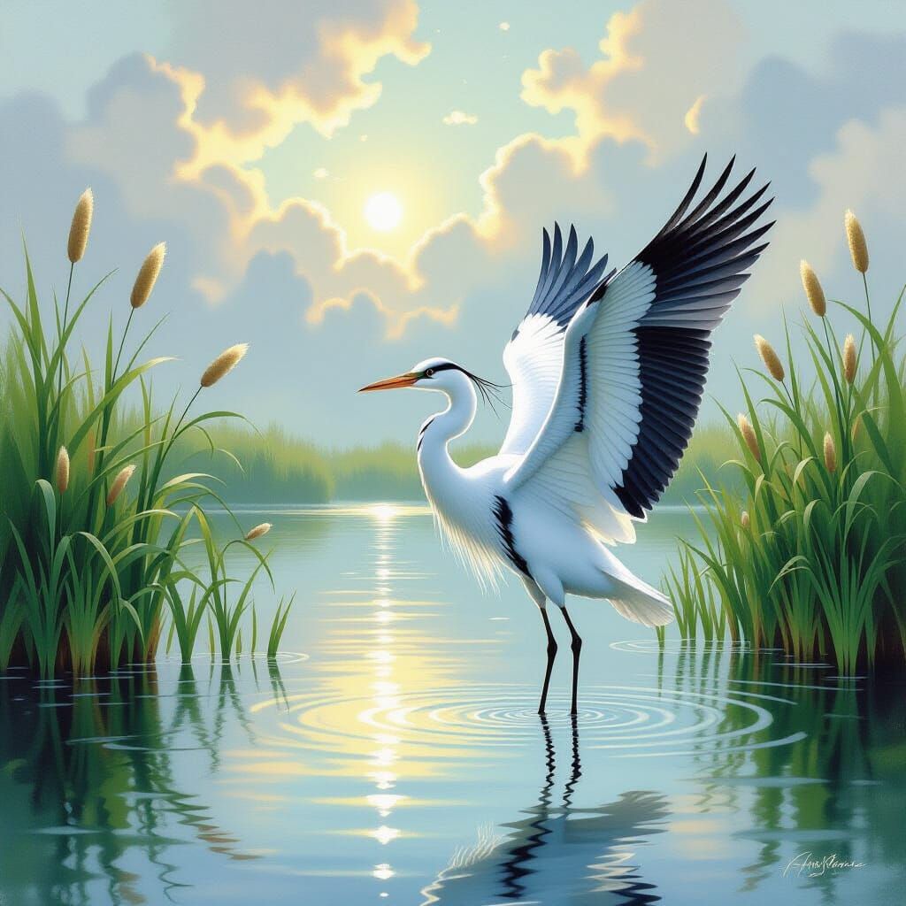 White Heron in Lake: Ethereal Watercolor Painting